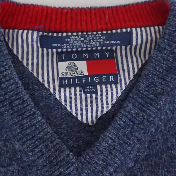 Tommy Hilfiger Blue Wool V-Neck Sweater Old Money Cabincore XL - Picture 9 of 9